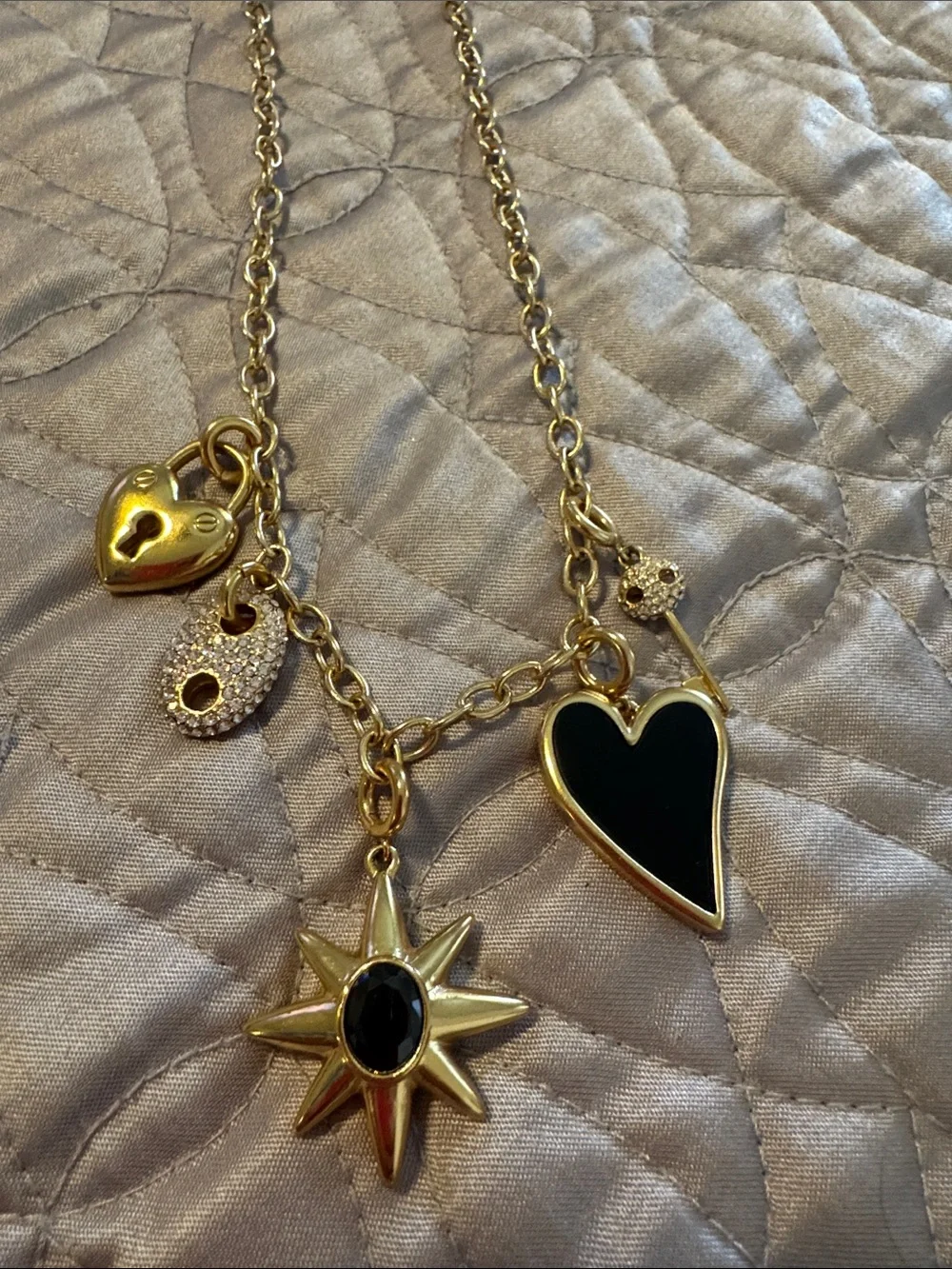 J. Crew Gold Chain Necklace with Black Heart and Star Charms